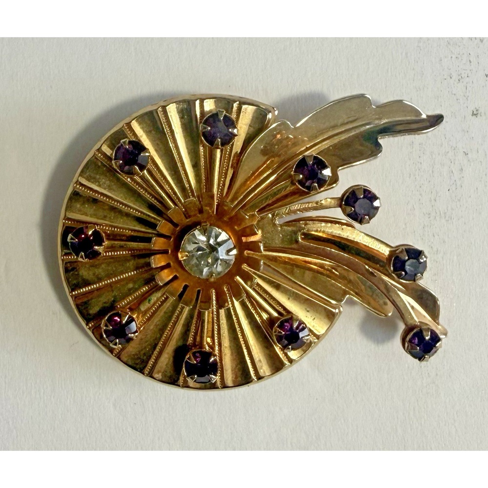 Vintage Floral purple, clear Rhinestone Brooch – Gold Tone‎ Wreath - Picture 4 of 8
